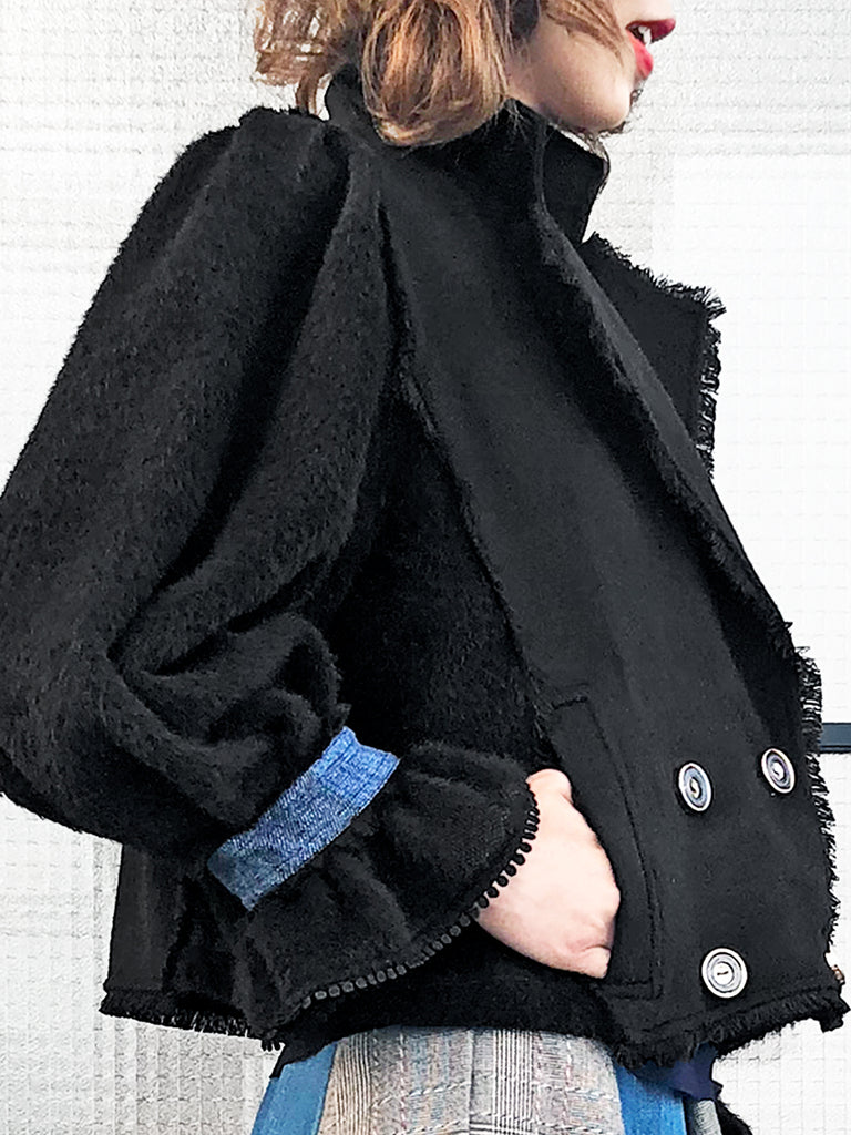Last Chance! Black Tonal Woollen Furry Sleeves Short Trench Coat