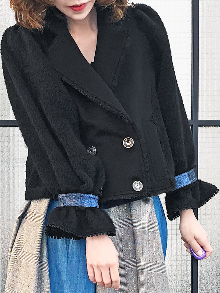 Last Chance! Black Tonal Woollen Furry Sleeves Short Trench Coat