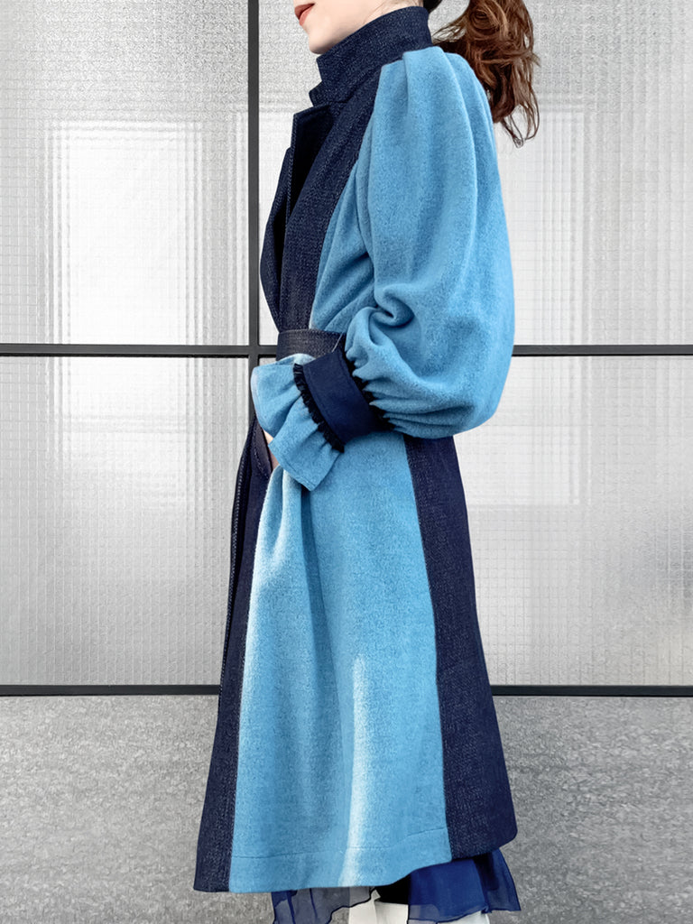 Surprise Sale! Dark Denim Contrast Furry Balloon Sleeves Trench Coat