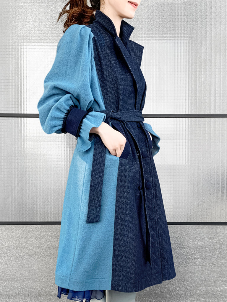 Surprise Sale! Dark Denim Contrast Furry Balloon Sleeves Trench Coat