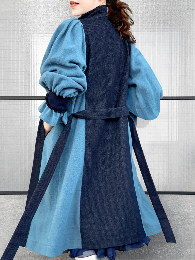 Surprise Sale! Dark Denim Contrast Furry Balloon Sleeves Trench Coat