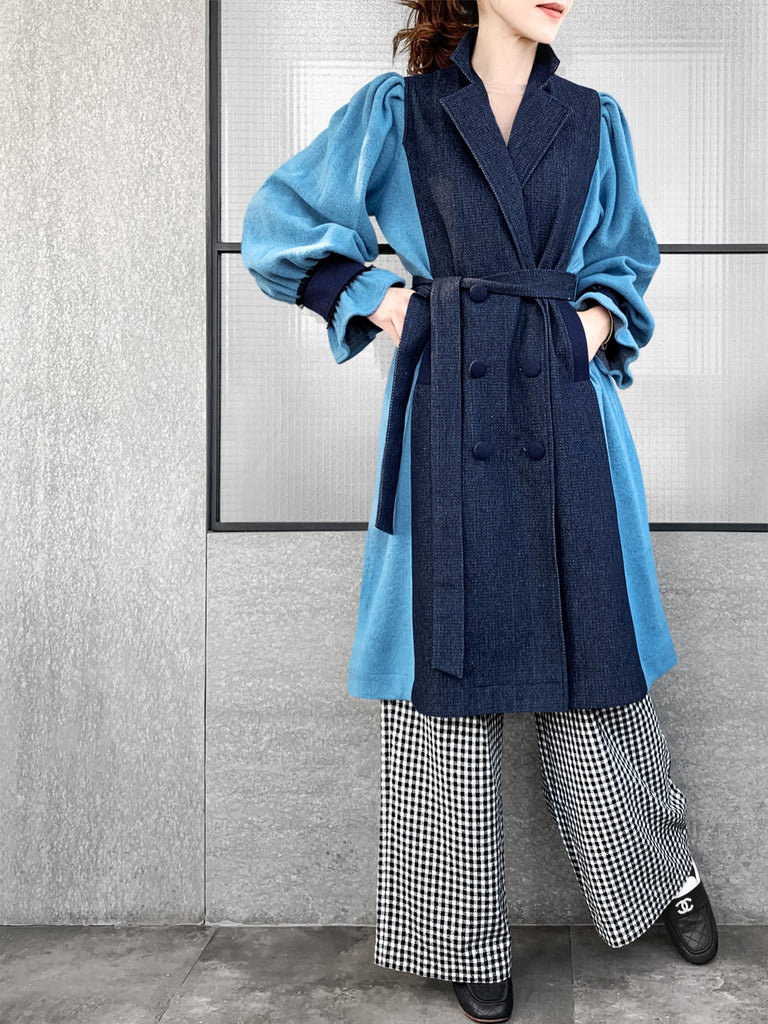 Surprise Sale! Dark Denim Contrast Furry Balloon Sleeves Trench Coat