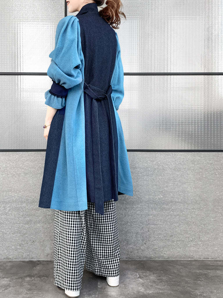 Surprise Sale! Dark Denim Contrast Furry Balloon Sleeves Trench Coat