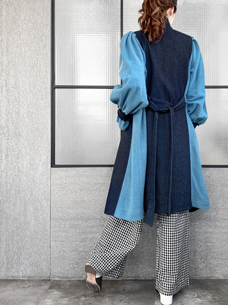 Surprise Sale! Dark Denim Contrast Furry Balloon Sleeves Trench Coat