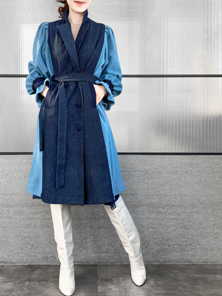 Surprise Sale! Dark Denim Contrast Furry Balloon Sleeves Trench Coat