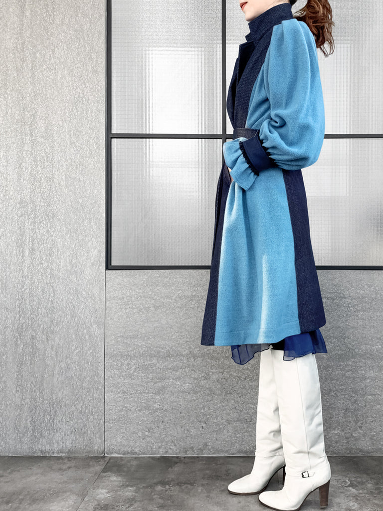 Surprise Sale! Dark Denim Contrast Furry Balloon Sleeves Trench Coat