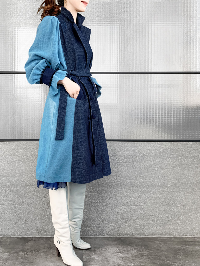 Surprise Sale! Dark Denim Contrast Furry Balloon Sleeves Trench Coat