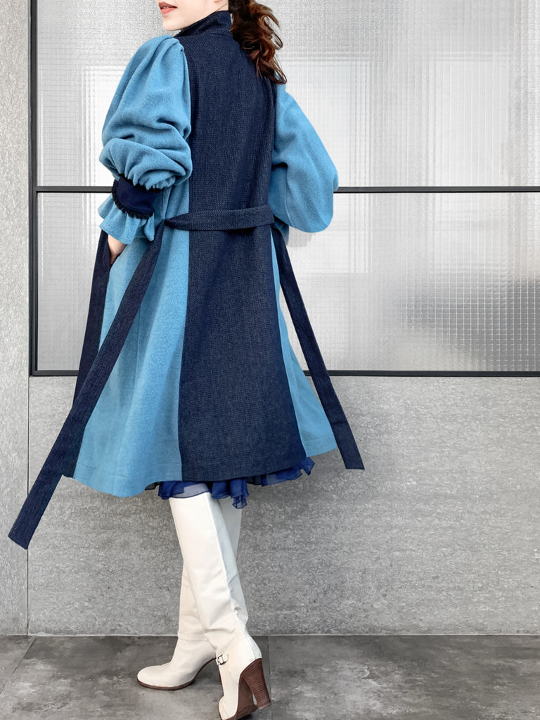 Surprise Sale! Dark Denim Contrast Furry Balloon Sleeves Trench Coat