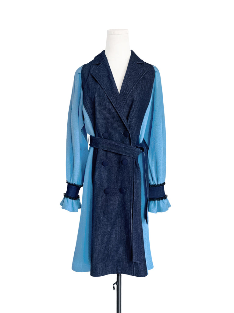 Surprise Sale! Dark Denim Contrast Furry Balloon Sleeves Trench Coat