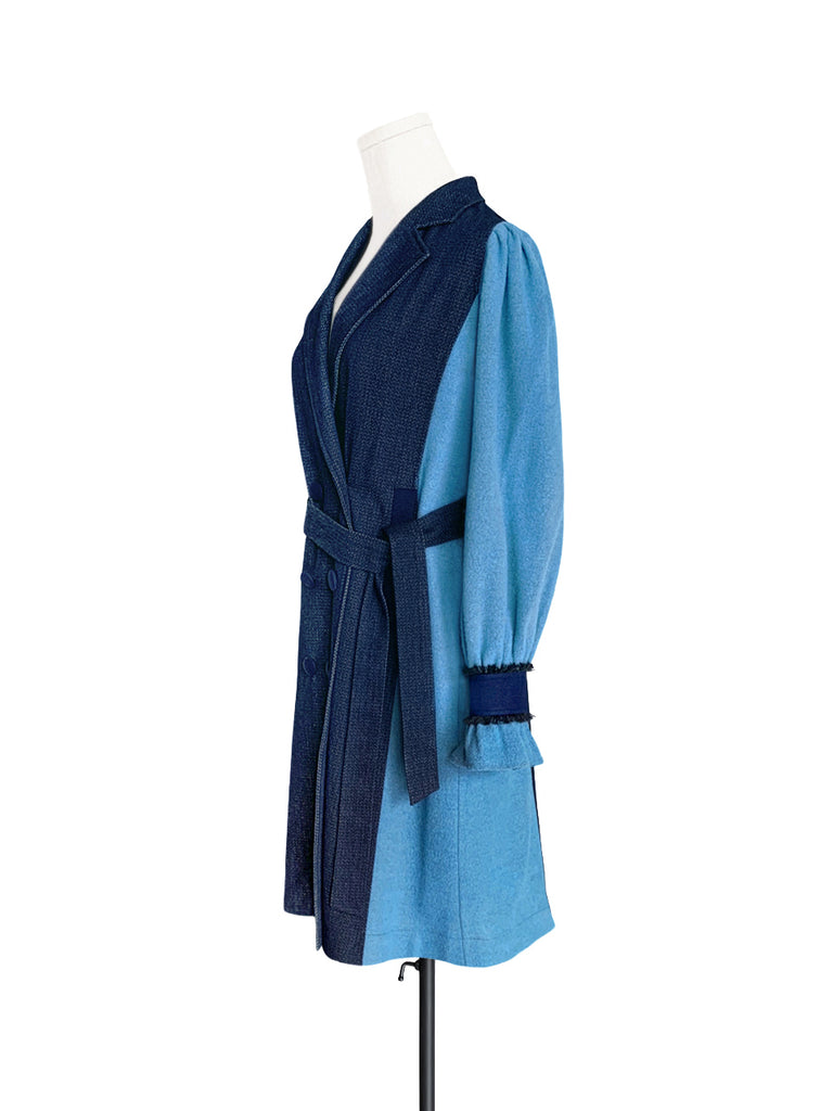 Surprise Sale! Dark Denim Contrast Furry Balloon Sleeves Trench Coat