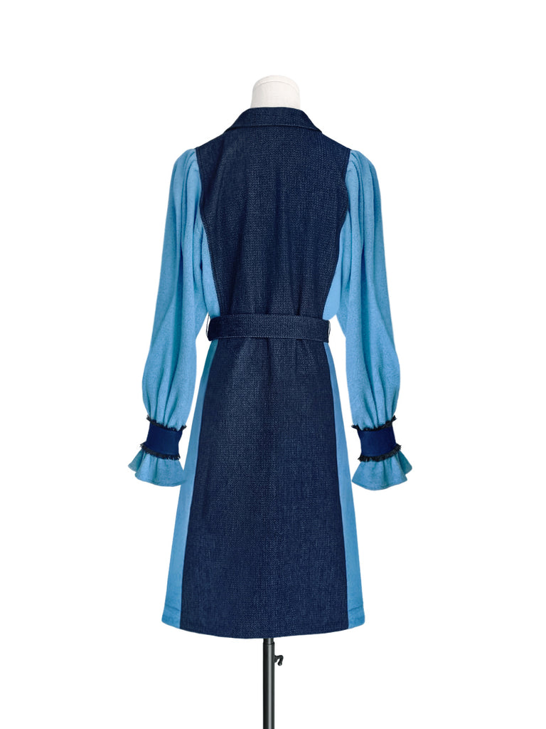 Surprise Sale! Dark Denim Contrast Furry Balloon Sleeves Trench Coat