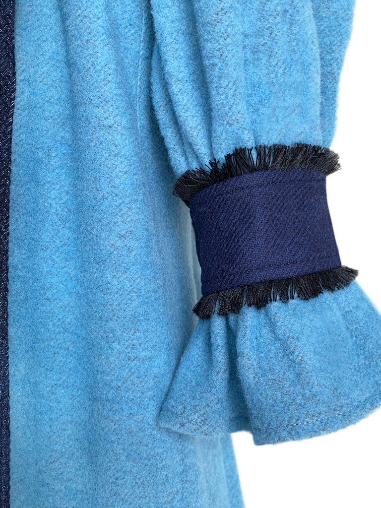 Surprise Sale! Dark Denim Contrast Furry Balloon Sleeves Trench Coat