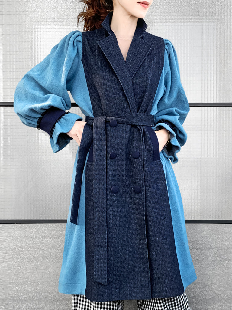 Surprise Sale! Dark Denim Contrast Furry Balloon Sleeves Trench Coat