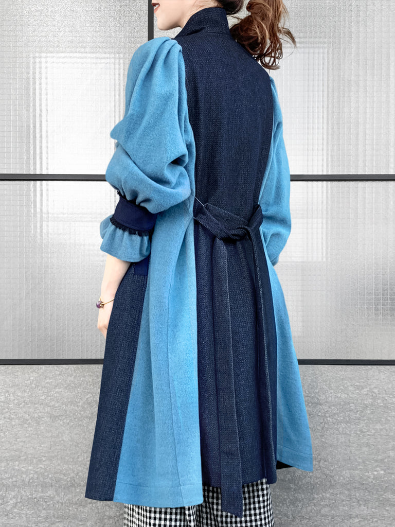 Surprise Sale! Dark Denim Contrast Furry Balloon Sleeves Trench Coat
