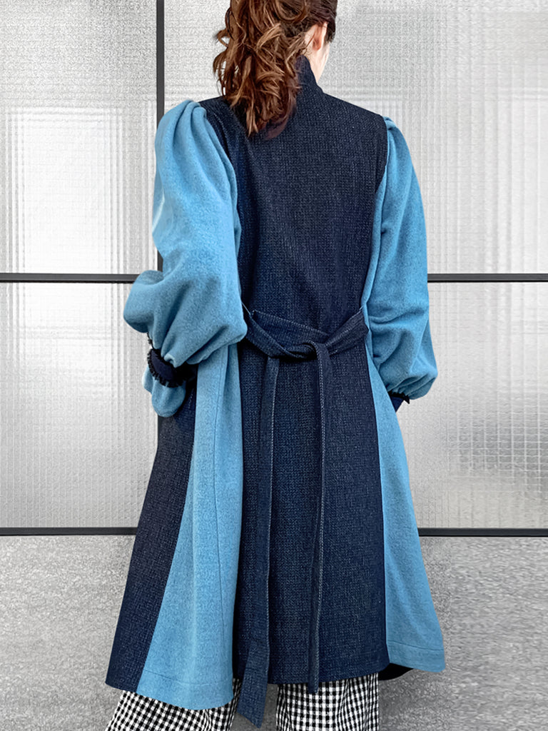 Surprise Sale! Dark Denim Contrast Furry Balloon Sleeves Trench Coat