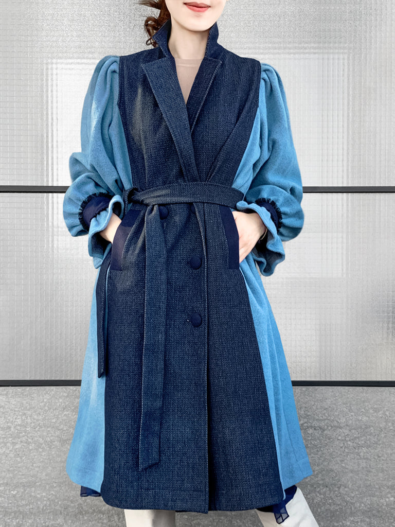 Surprise Sale! Dark Denim Contrast Furry Balloon Sleeves Trench Coat