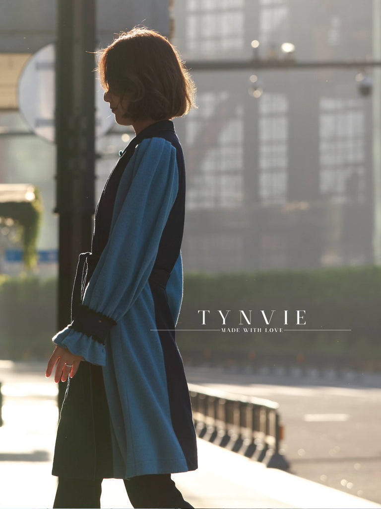 Surprise Sale! Dark Denim Contrast Furry Balloon Sleeves Trench Coat