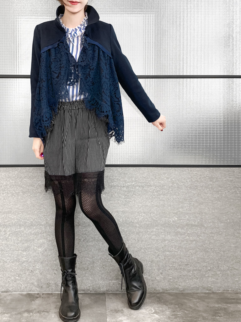 驚喜促銷!海軍藍羊毛混紡 Swing 高/低蕾絲 Dolly 夾克