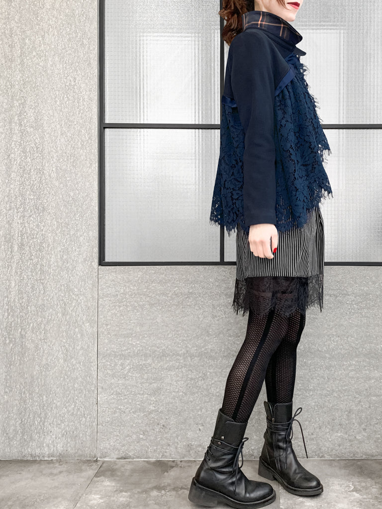 驚喜促銷!海軍藍羊毛混紡 Swing 高/低蕾絲 Dolly 夾克