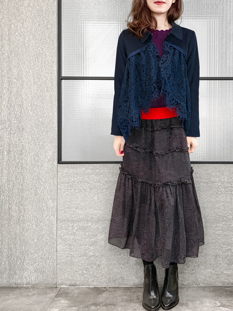驚喜促銷!海軍藍羊毛混紡 Swing 高/低蕾絲 Dolly 夾克