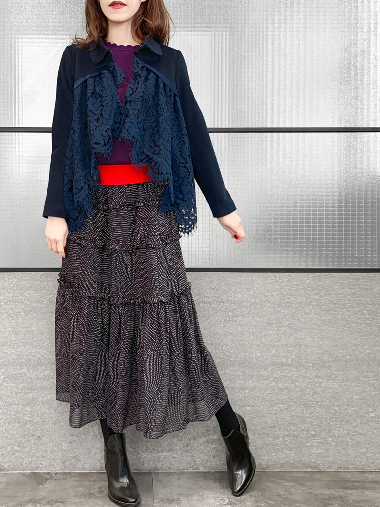 驚喜促銷!海軍藍羊毛混紡 Swing 高/低蕾絲 Dolly 夾克