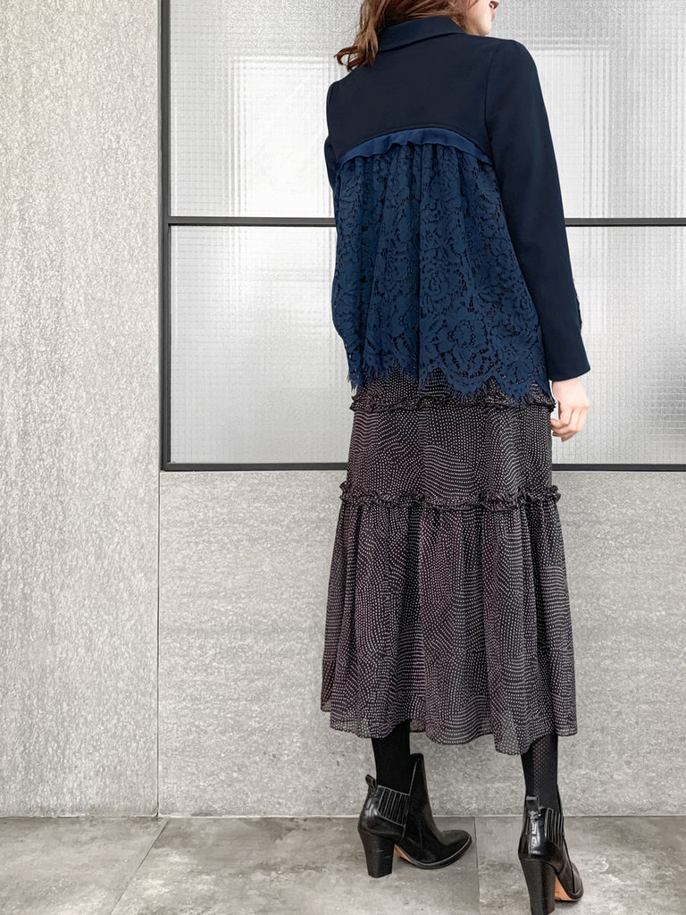 驚喜促銷!海軍藍羊毛混紡 Swing 高/低蕾絲 Dolly 夾克