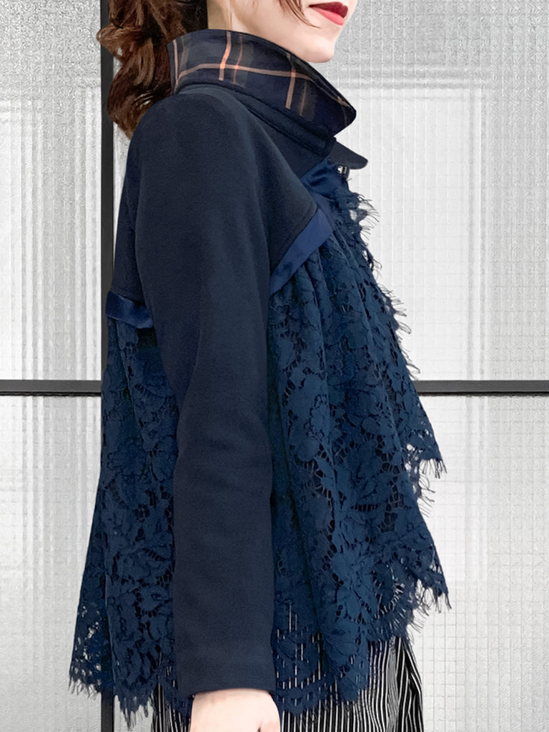 驚喜促銷!海軍藍羊毛混紡 Swing 高/低蕾絲 Dolly 夾克