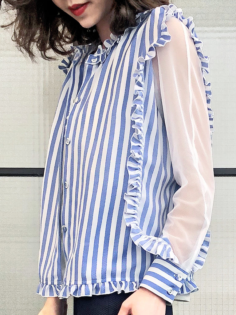 Blue Stripe Mesh Layered Sleeve Ruffle Cotton Blend Blouse