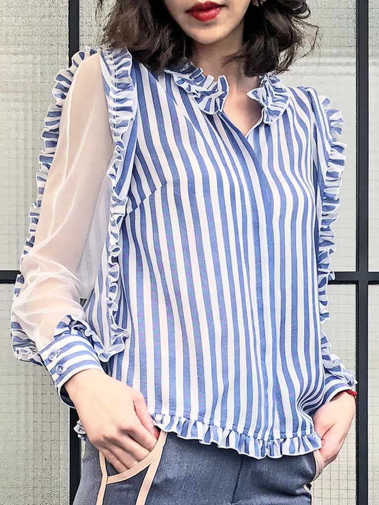 Blue Stripe Mesh Layered Sleeve Ruffle Cotton Blend Blouse