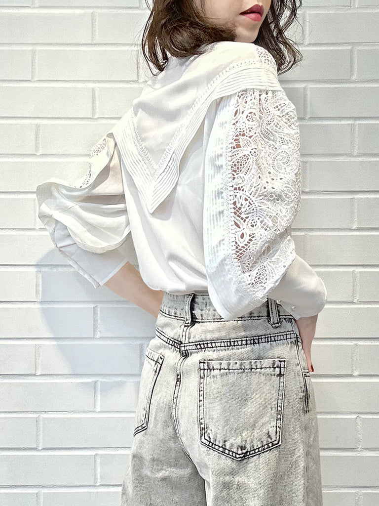 Last Chance! White Modal Embroidered Lace Trimmed Blouse