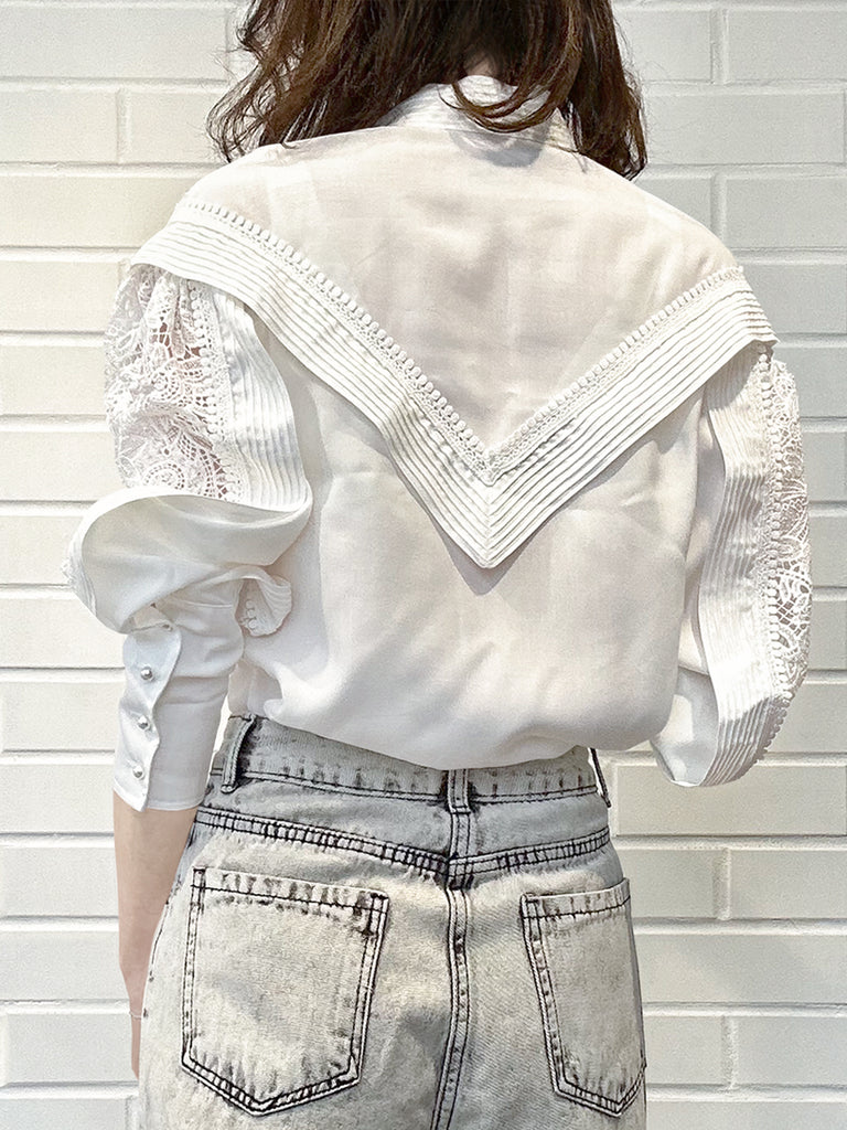 Last Chance! White Modal Embroidered Lace Trimmed Blouse