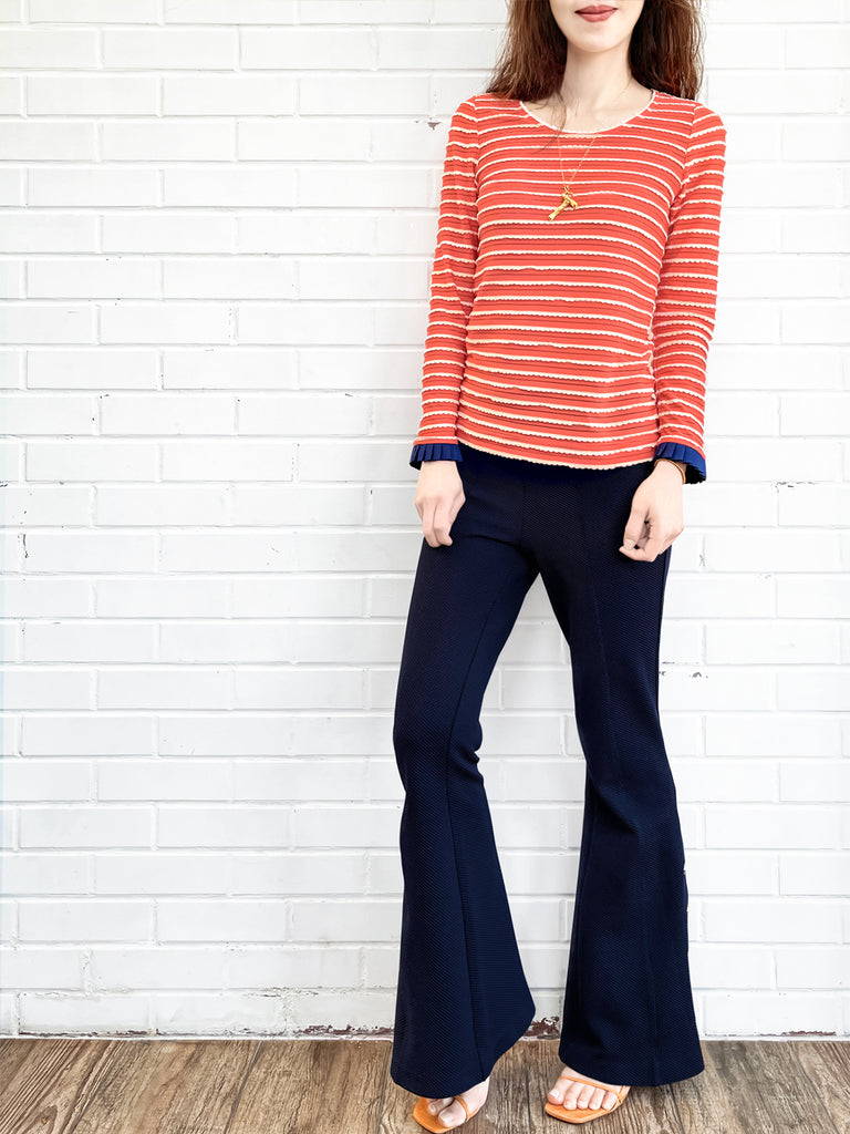 Last Chance! Red Orange Scalloped Stripes Contrast Ruffle Cuff Knit Top