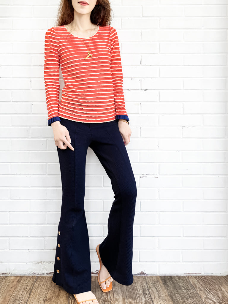 Last Chance! Red Orange Scalloped Stripes Contrast Ruffle Cuff Knit Top
