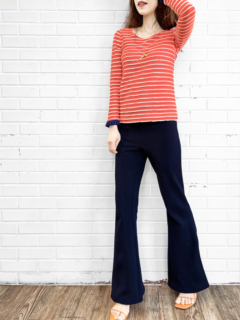 Last Chance! Red Orange Scalloped Stripes Contrast Ruffle Cuff Knit Top