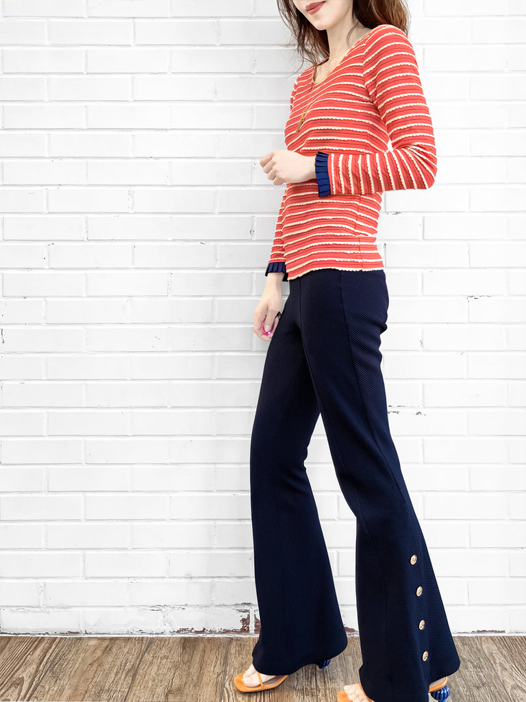 Last Chance! Red Orange Scalloped Stripes Contrast Ruffle Cuff Knit Top