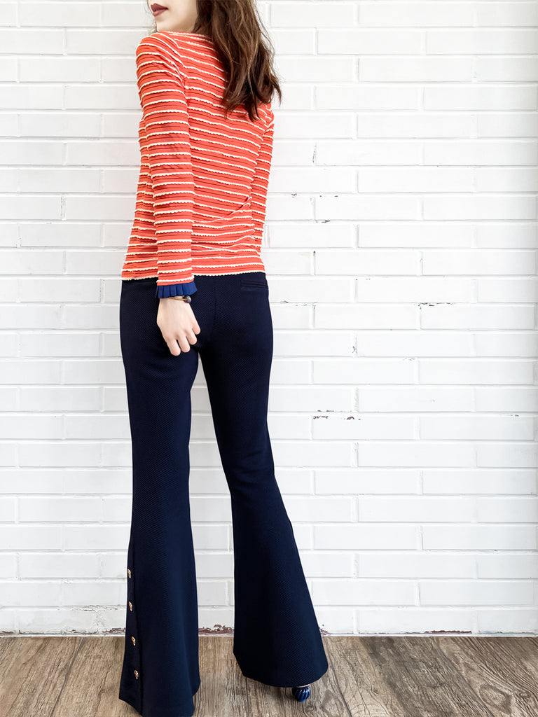 Last Chance! Red Orange Scalloped Stripes Contrast Ruffle Cuff Knit Top