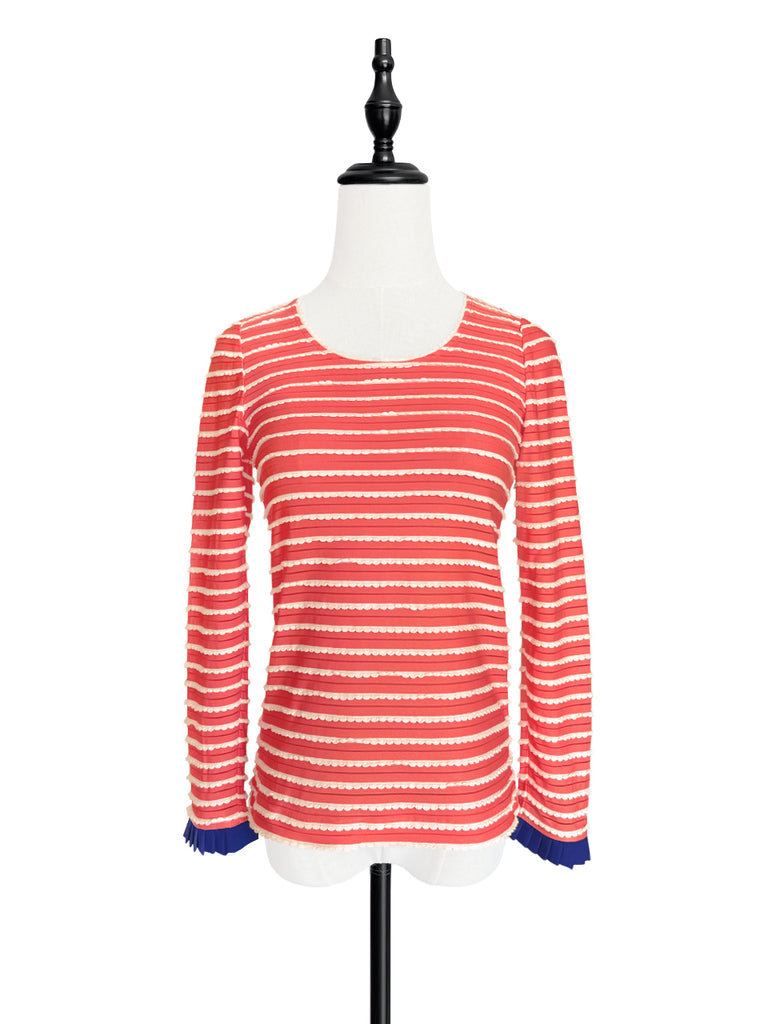 Last Chance! Red Orange Scalloped Stripes Contrast Ruffle Cuff Knit Top