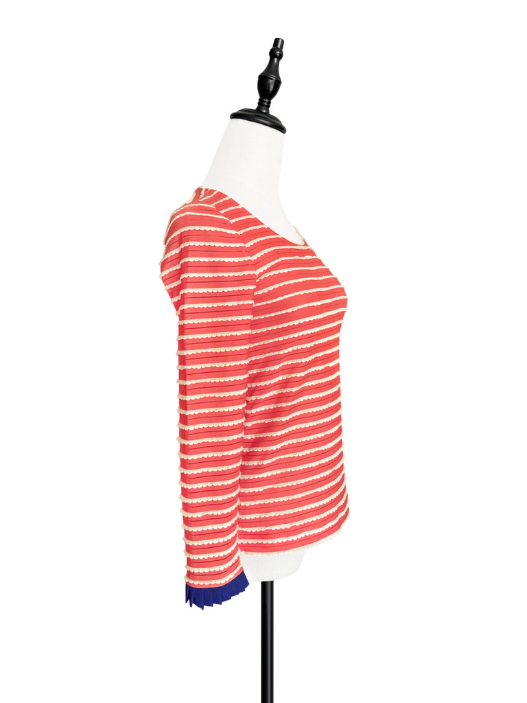 Last Chance! Red Orange Scalloped Stripes Contrast Ruffle Cuff Knit Top