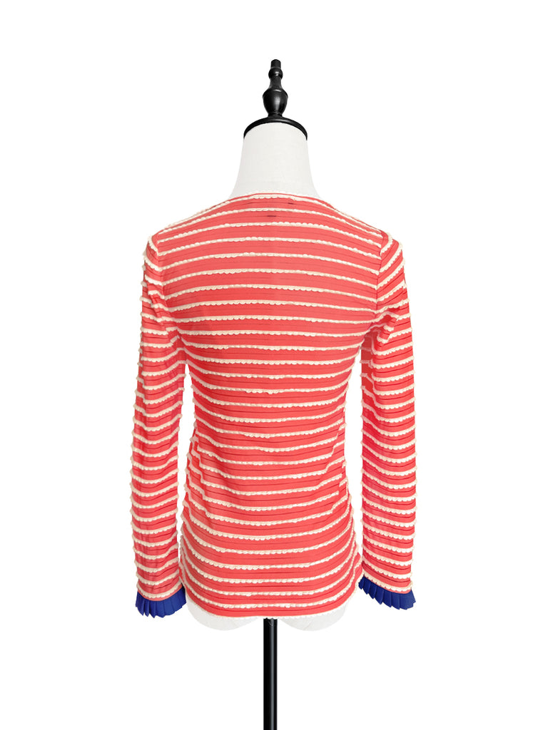 Last Chance! Red Orange Scalloped Stripes Contrast Ruffle Cuff Knit Top