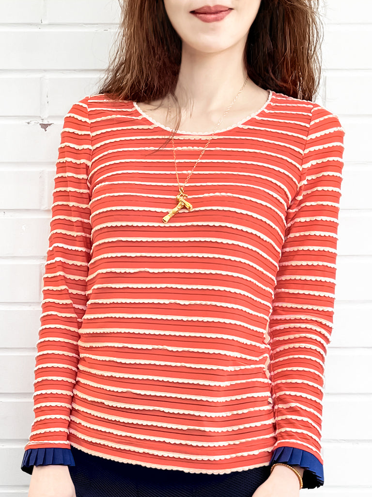 Last Chance! Red Orange Scalloped Stripes Contrast Ruffle Cuff Knit Top
