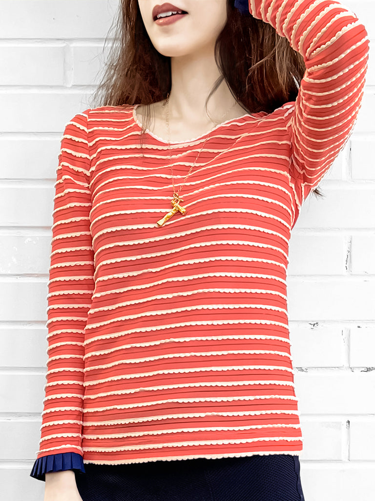 Last Chance! Red Orange Scalloped Stripes Contrast Ruffle Cuff Knit Top