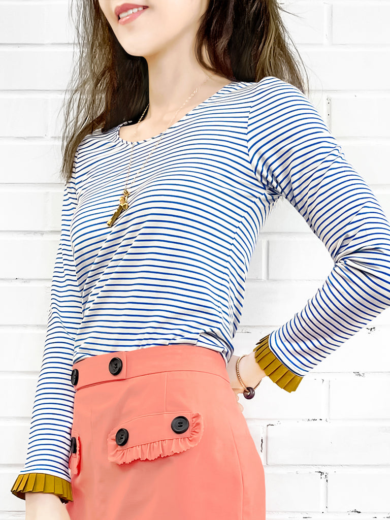 Last Chance! Classic White/ Blue Stripe Contrast Ruffle Cuff Knit Top
