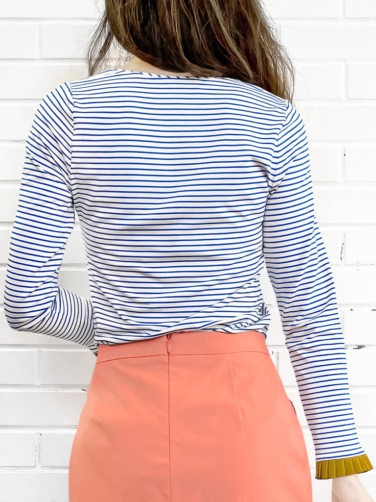 Last Chance! Classic White/ Blue Stripe Contrast Ruffle Cuff Knit Top