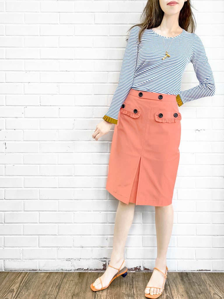 Last Chance! Classic White/ Blue Stripe Contrast Ruffle Cuff Knit Top