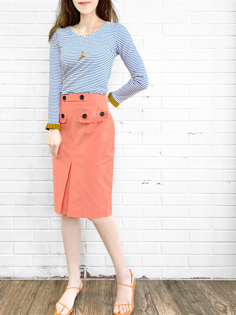 Last Chance! Classic White/ Blue Stripe Contrast Ruffle Cuff Knit Top