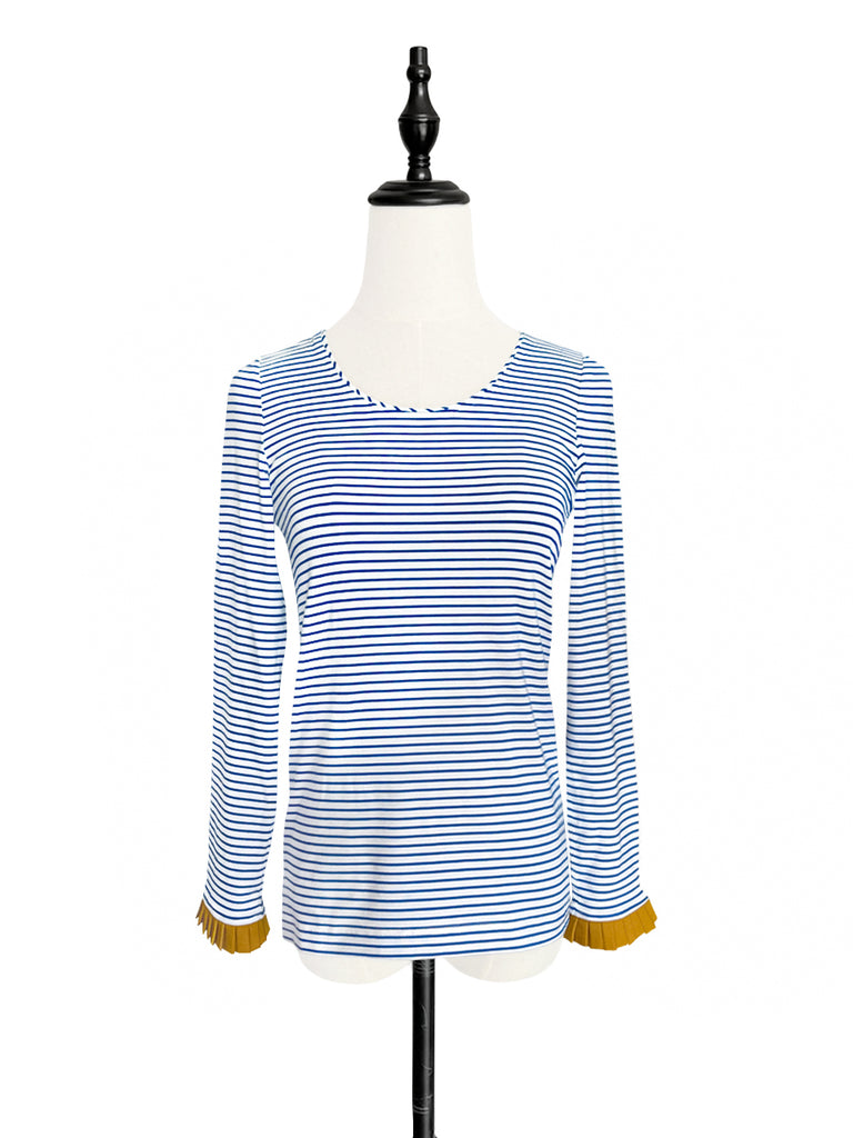 Last Chance! Classic White/ Blue Stripe Contrast Ruffle Cuff Knit Top