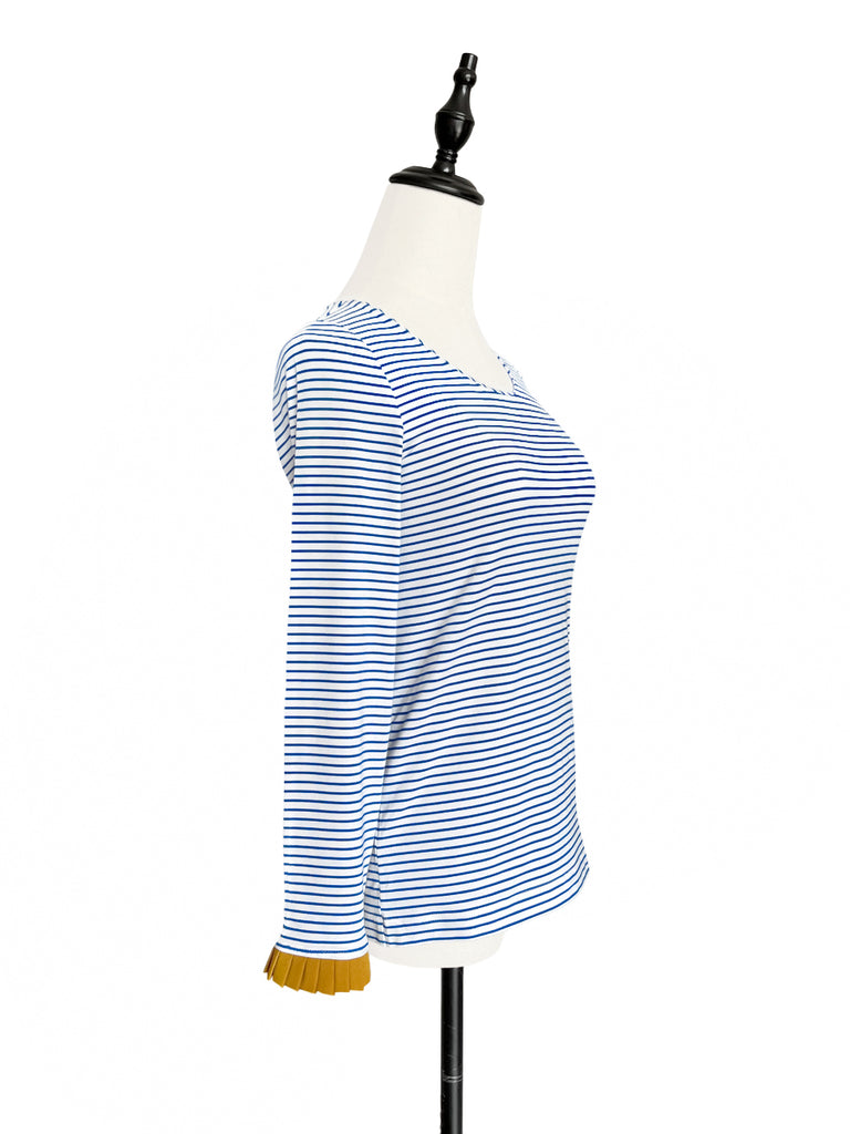 Last Chance! Classic White/ Blue Stripe Contrast Ruffle Cuff Knit Top