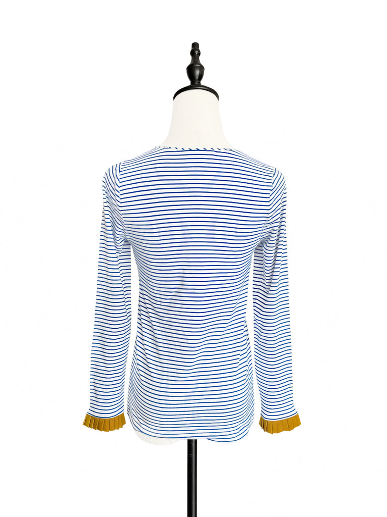 Last Chance! Classic White/ Blue Stripe Contrast Ruffle Cuff Knit Top
