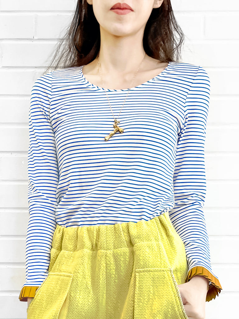 Last Chance! Classic White/ Blue Stripe Contrast Ruffle Cuff Knit Top
