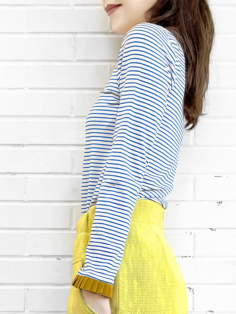 Last Chance! Classic White/ Blue Stripe Contrast Ruffle Cuff Knit Top